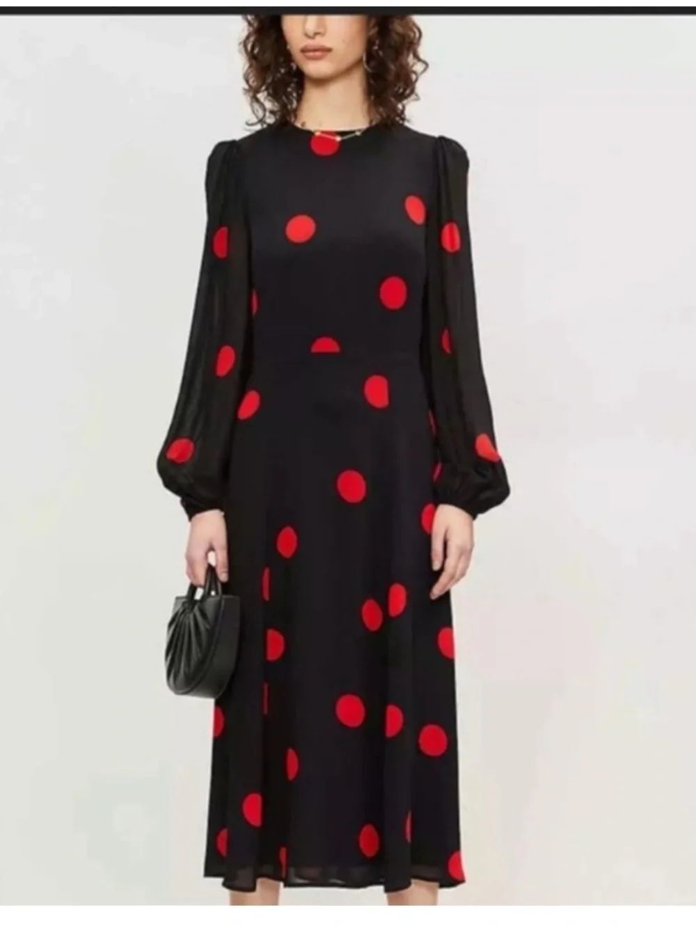 Reformation Black Midi Dress with Red Polka Dots Long sleeve Sz 13